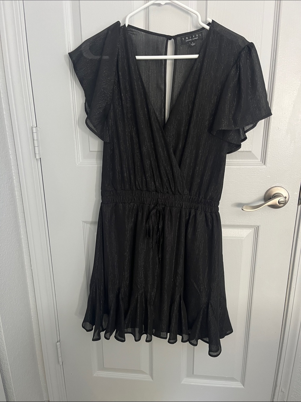 Trixxi Black Metallic Ruffle Wrap Dress